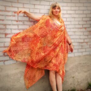 Vintage beach cover kaftan sheer orange print